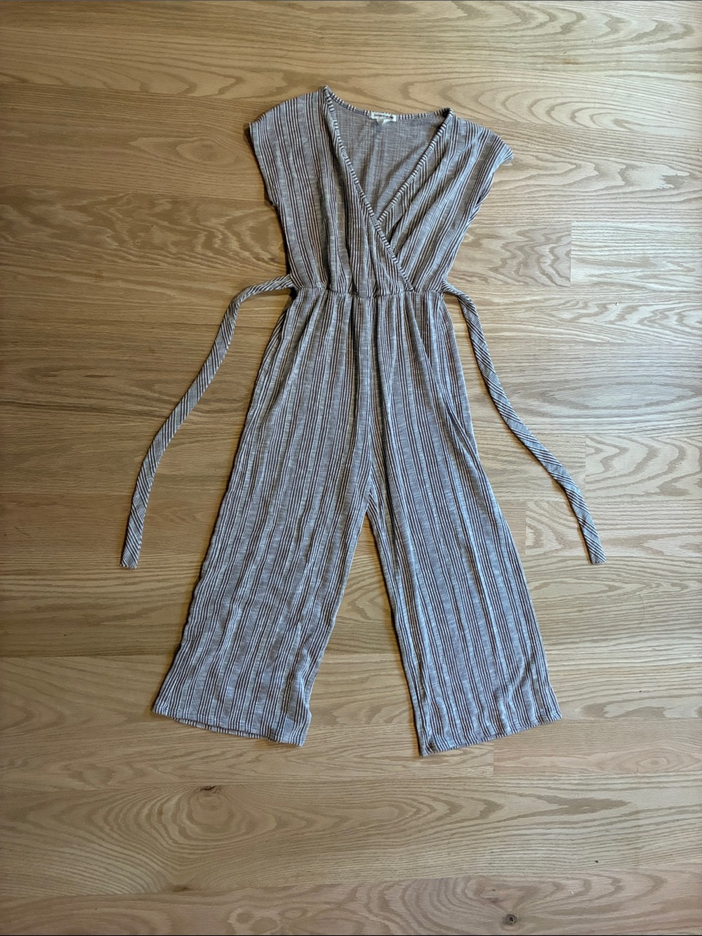 Caution To The Wind Taupe and White Striped Wrap Jumpsuit